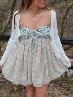 Entro Floral Ikat Babydoll Romper Cream Blue NWT Size S